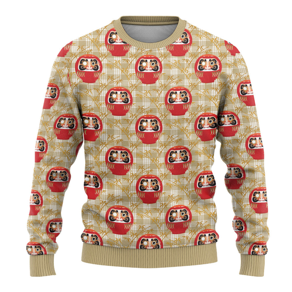 Japanese Daruma Doll Ugly Christmas Sweater Palaka With Seamless Bamboo Pattern