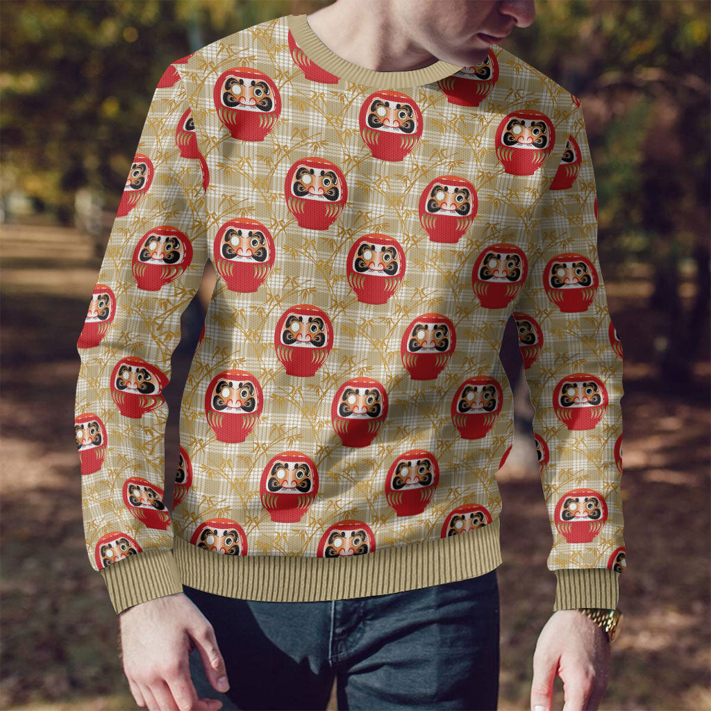 Japanese Daruma Doll Ugly Christmas Sweater Palaka With Seamless Bamboo Pattern