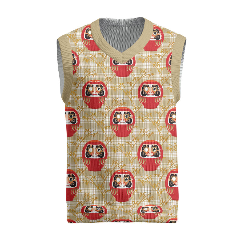 Japanese Daruma Doll Christmas Knitted V-Neck Vest Palaka With Seamless Bamboo Pattern
