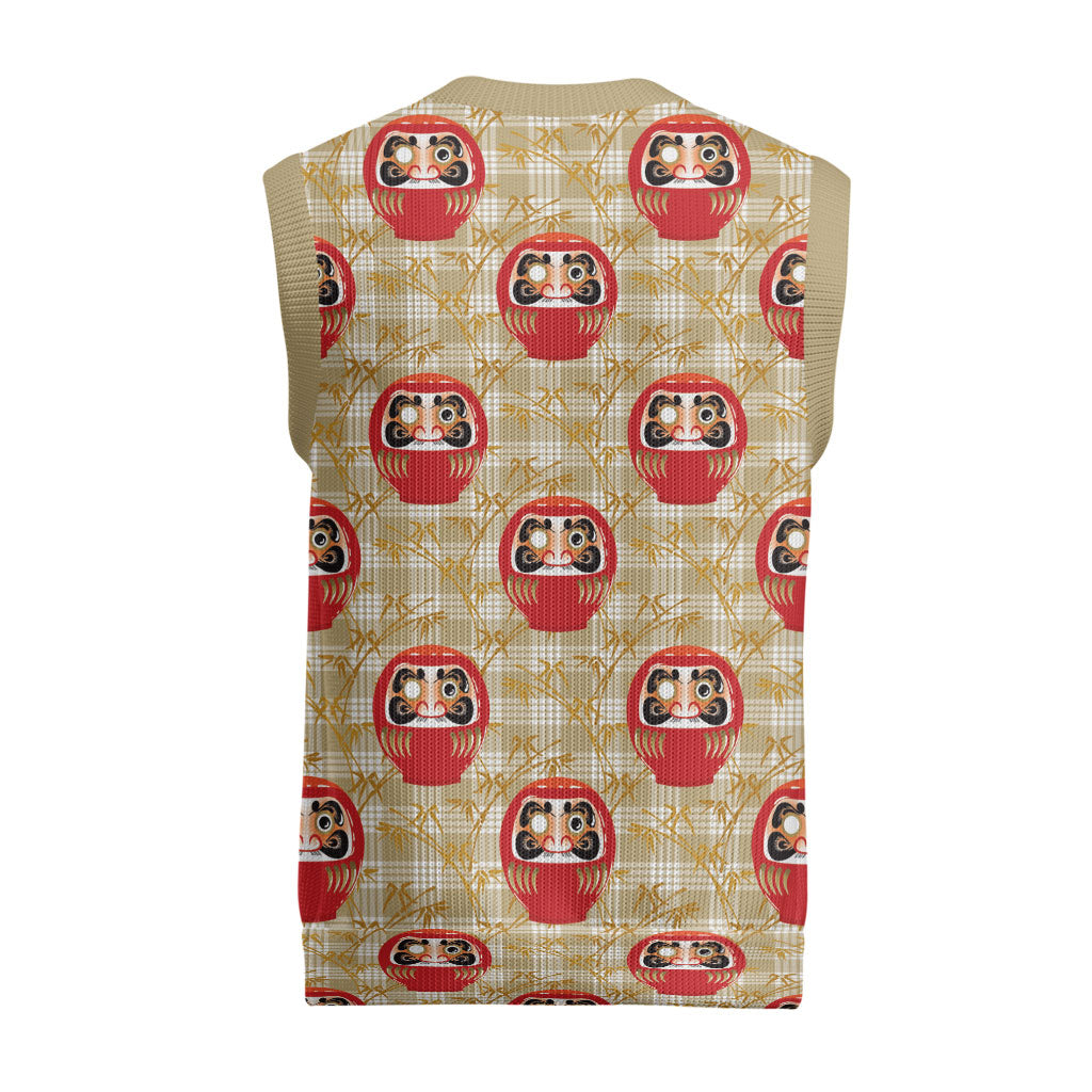 Japanese Daruma Doll Christmas Knitted V-Neck Vest Palaka With Seamless Bamboo Pattern