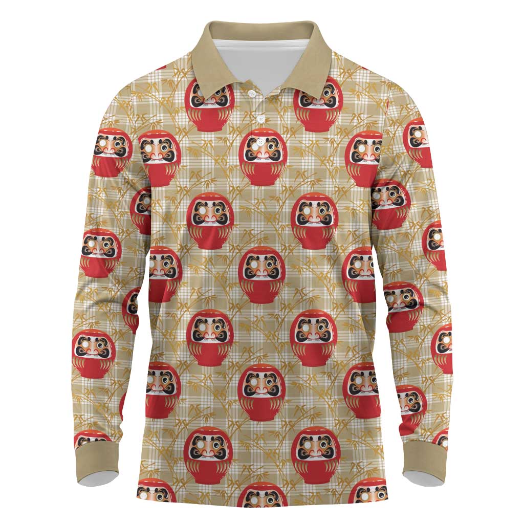Japanese Daruma Doll Long Sleeve Polo Shirt Palaka With Seamless Bamboo Pattern - Polynesian Pride