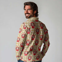 Japanese Daruma Doll Long Sleeve Polo Shirt Palaka With Seamless Bamboo Pattern - Polynesian Pride