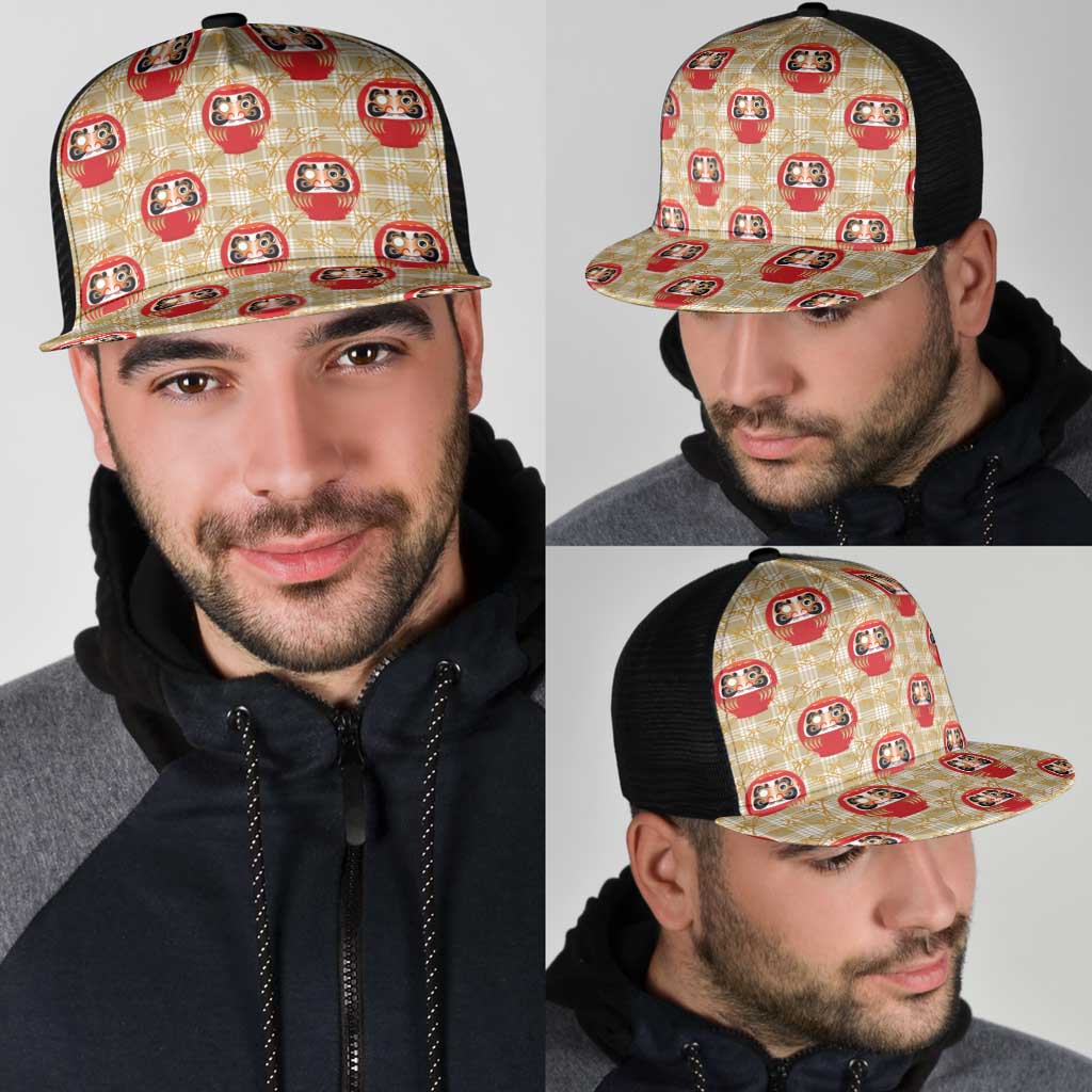 Japanese Daruma Doll Mesh Trucker Cap Palaka With Seamless Bamboo Pattern