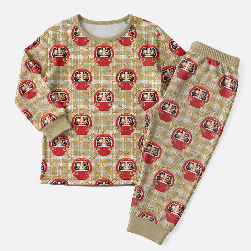 Japanese Daruma Doll Christmas Pajama Set Palaka With Seamless Bamboo Pattern
