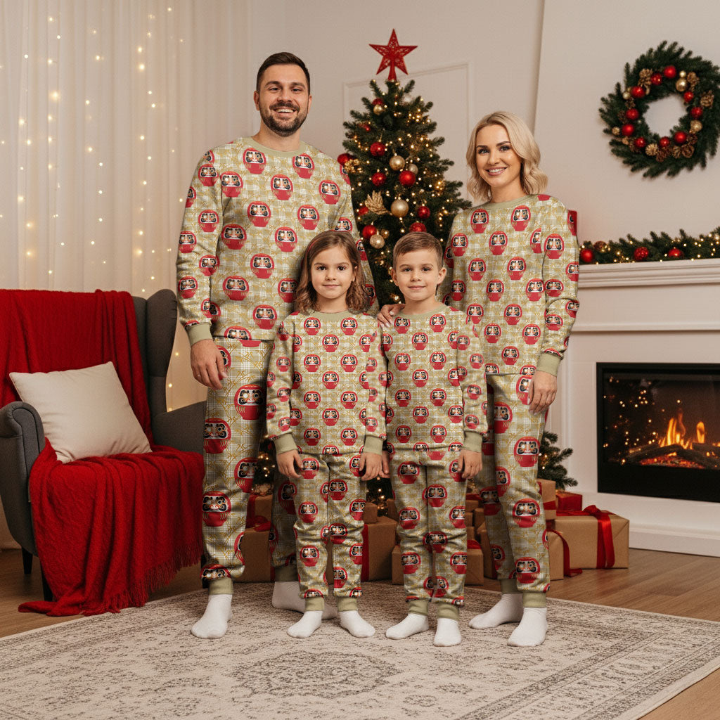 Japanese Daruma Doll Christmas Pajama Set Palaka With Seamless Bamboo Pattern