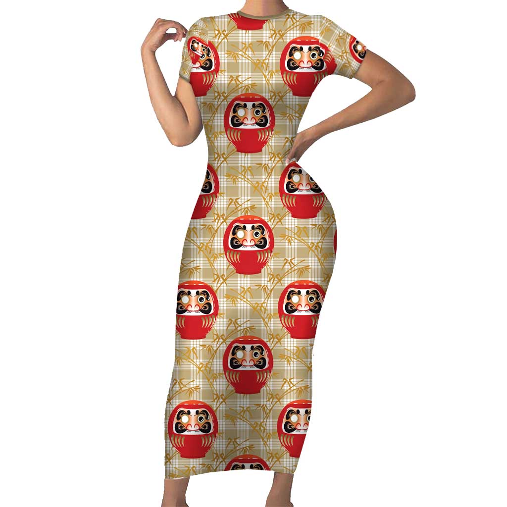 Japanese Daruma Doll Short Sleeve Bodycon Dress Palaka With Seamless Bamboo Pattern - Polynesian Pride