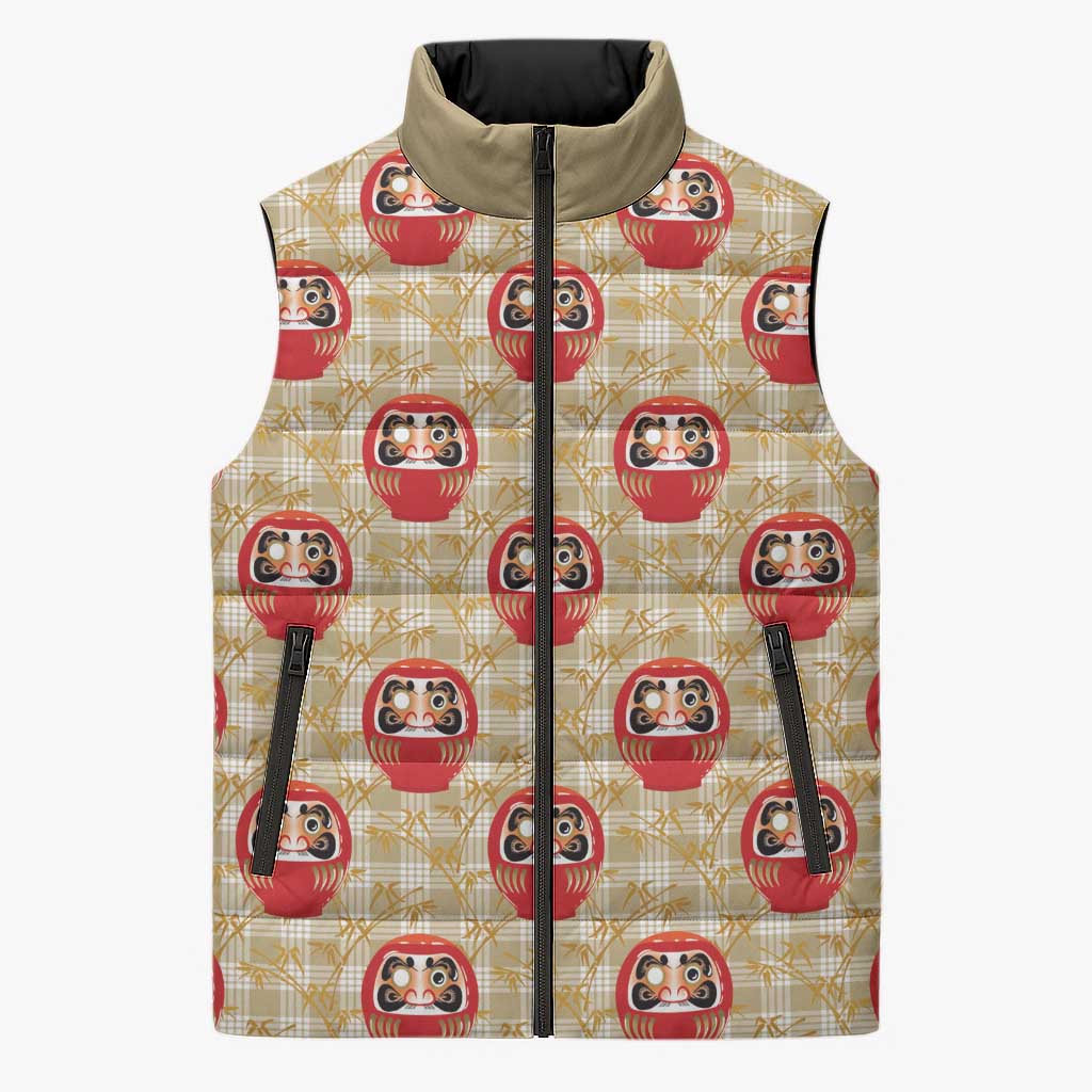 Japanese Daruma Doll Sleeveless Puffer Jacket Palaka With Seamless Bamboo Pattern - Polynesian Pride