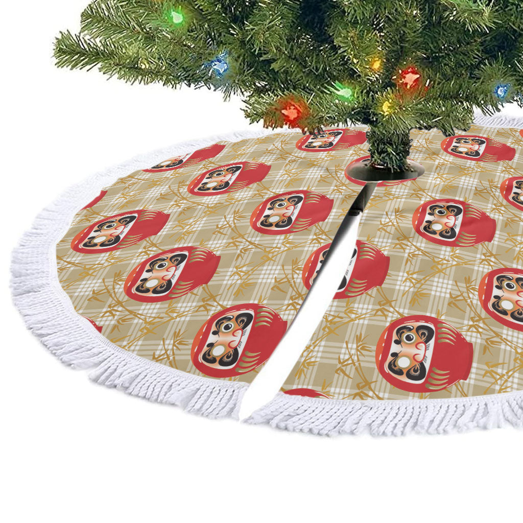 Japanese Daruma Doll Tree Skirt Palaka With Seamless Bamboo Pattern