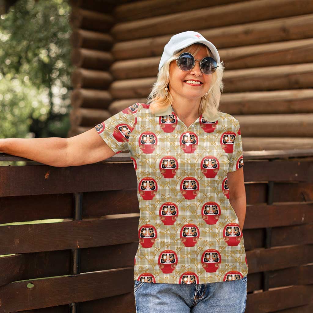 Japanese Daruma Doll Women Polo Shirt Palaka With Seamless Bamboo Pattern - Polynesian Pride