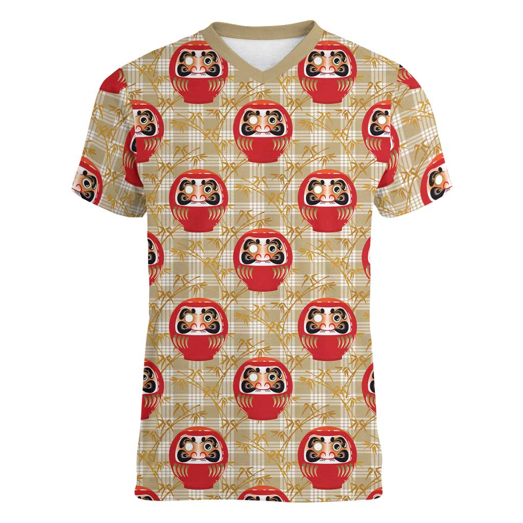 Japanese Daruma Doll Women V-Neck T-Shirt Palaka With Seamless Bamboo Pattern - Polynesian Pride
