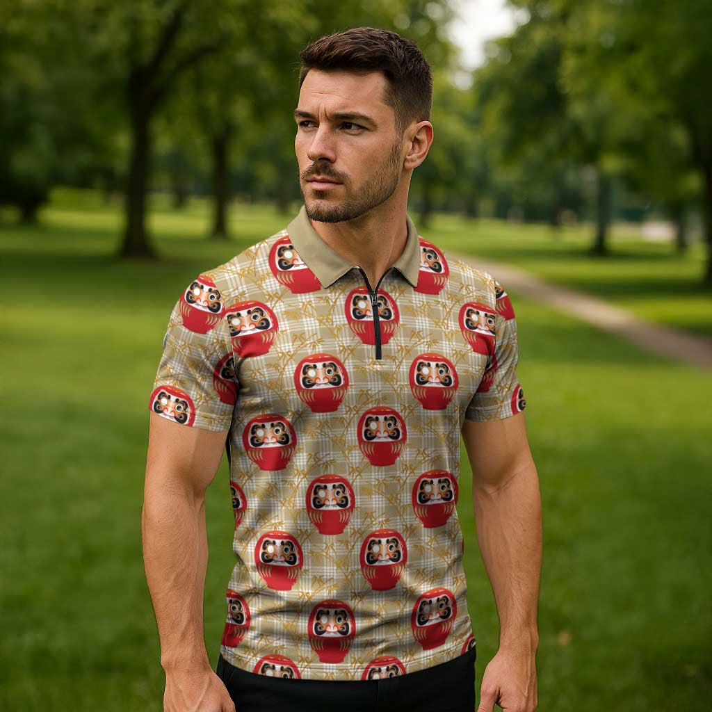 Japanese Daruma Doll Zipper Polo Shirt Palaka With Seamless Bamboo Pattern - Polynesian Pride