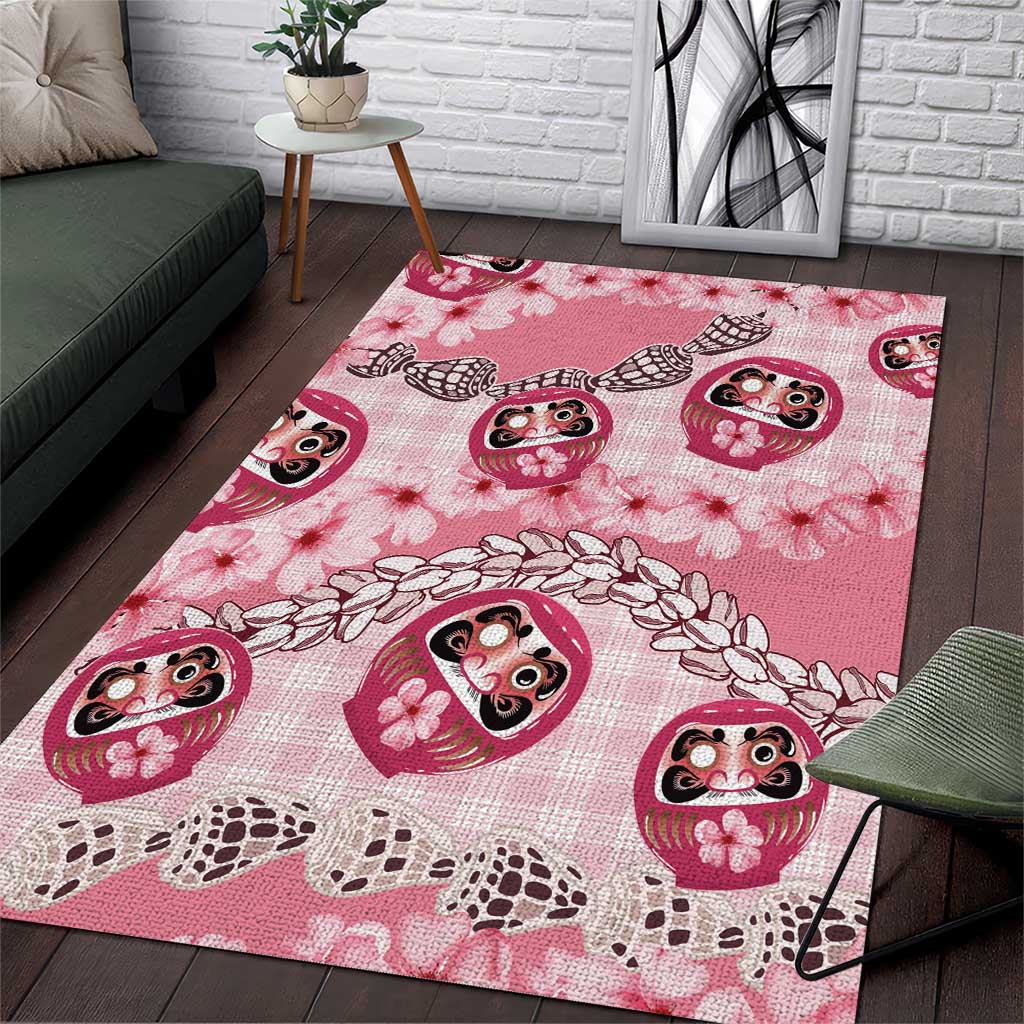 Japanese Daruma Doll Palaka Area Rug Cherry Blossoms With Shell Lei - Polynesian Pride