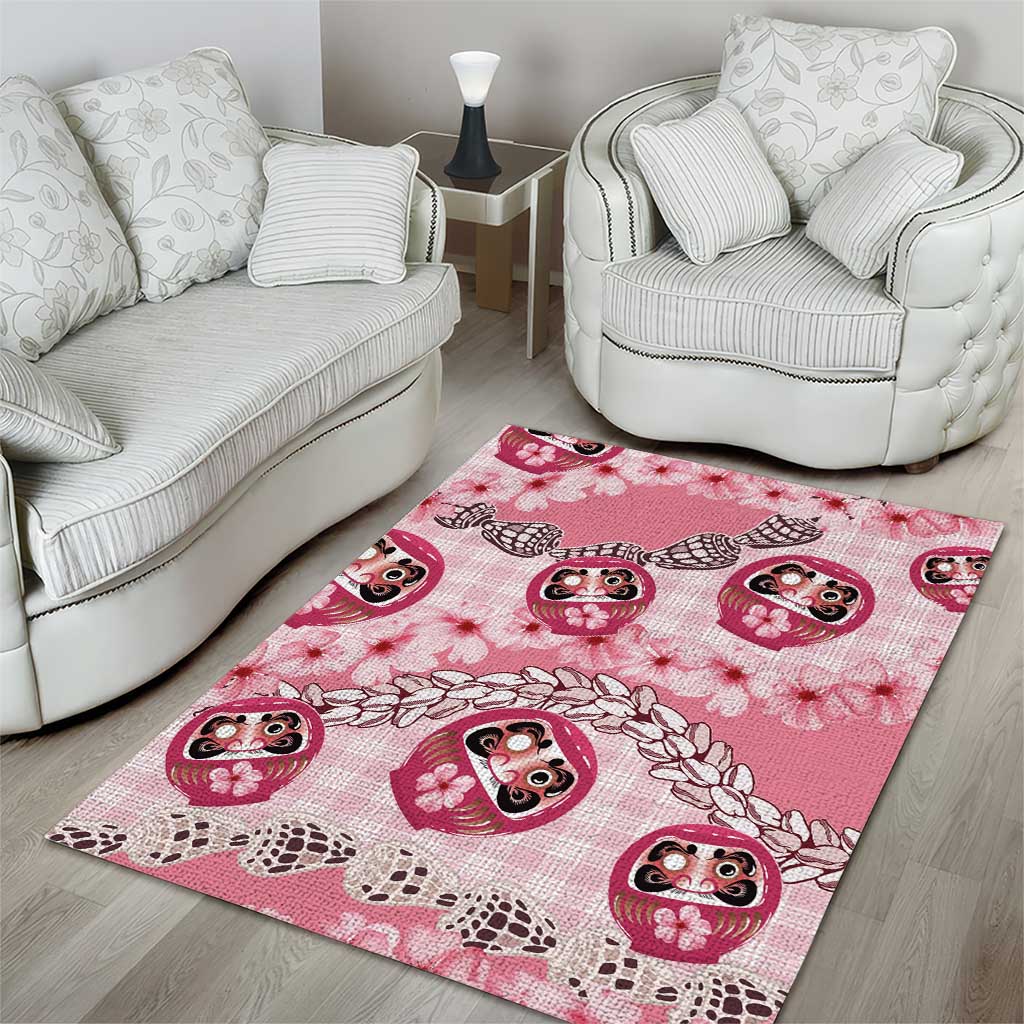 Japanese Daruma Doll Palaka Area Rug Cherry Blossoms With Shell Lei - Polynesian Pride
