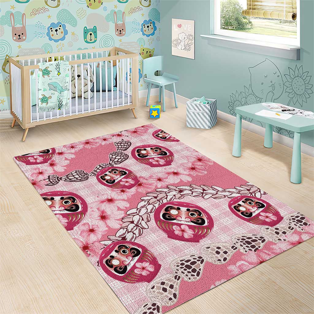 Japanese Daruma Doll Palaka Area Rug Cherry Blossoms With Shell Lei - Polynesian Pride