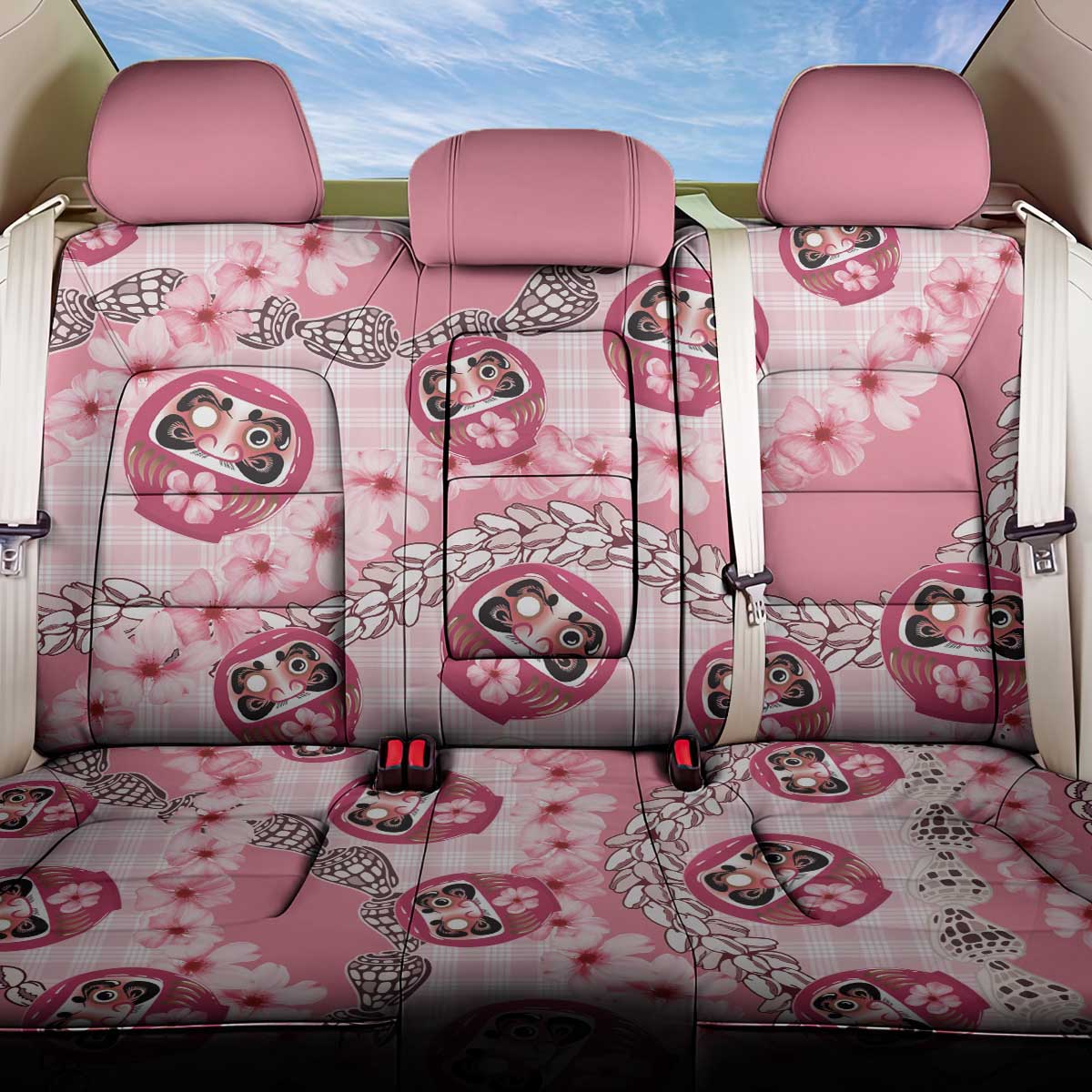 Japanese Daruma Doll Palaka Back Car Seat Cover Cherry Blossoms With Shell Lei - Polynesian Pride