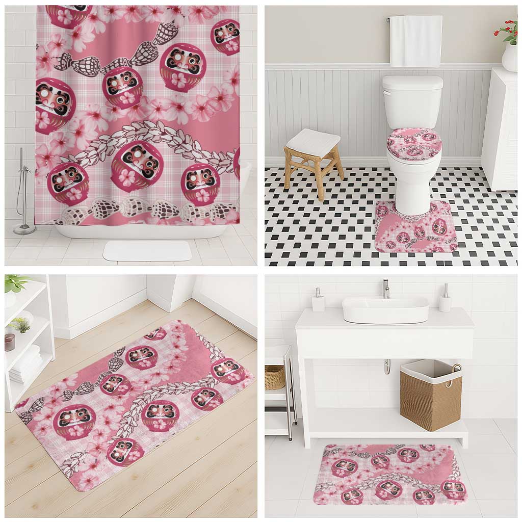 Japanese Daruma Doll Palaka Bathroom Set Cherry Blossoms With Shell Lei - Polynesian Pride