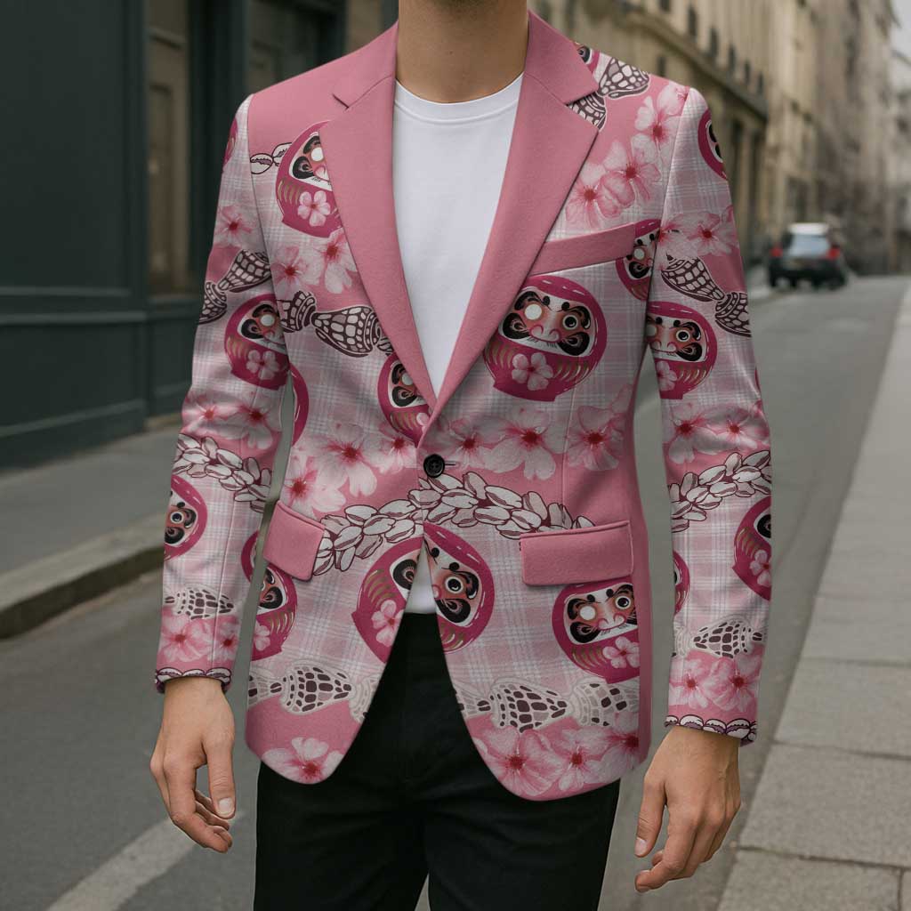 Japanese Daruma Doll Palaka Blazer Cherry Blossoms With Shell Lei - Polynesian Pride