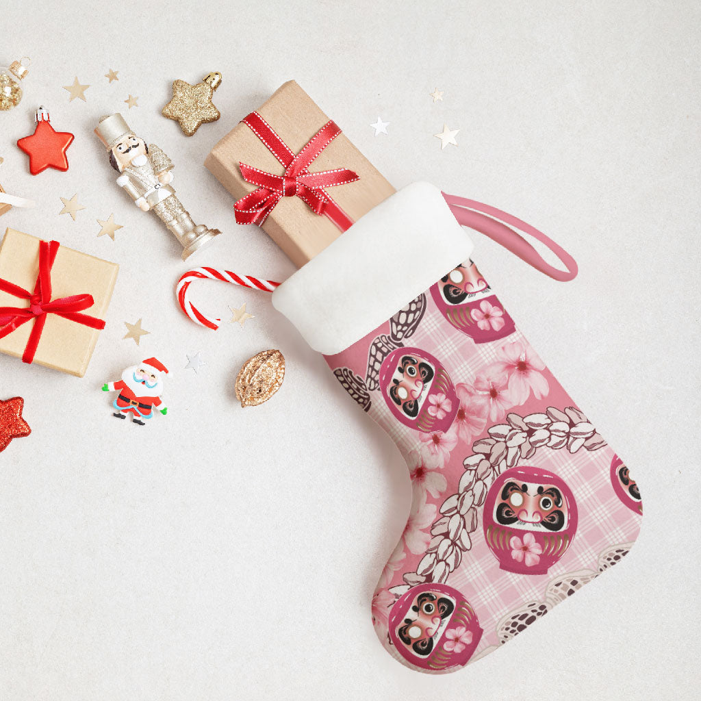 Japanese Daruma Doll Palaka Christmas Stocking Cherry Blossoms With Shell Lei