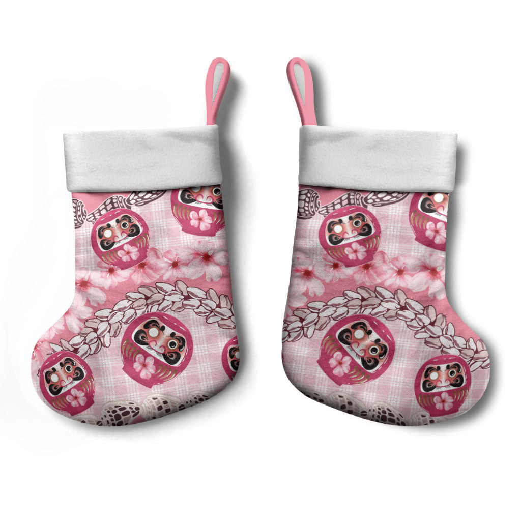 Japanese Daruma Doll Palaka Christmas Stocking Cherry Blossoms With Shell Lei
