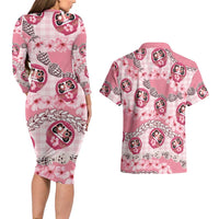 Japanese Daruma Doll Palaka Couples Matching Long Sleeve Bodycon Dress and Hawaiian Shirt Cherry Blossoms With Shell Lei - Polynesian Pride