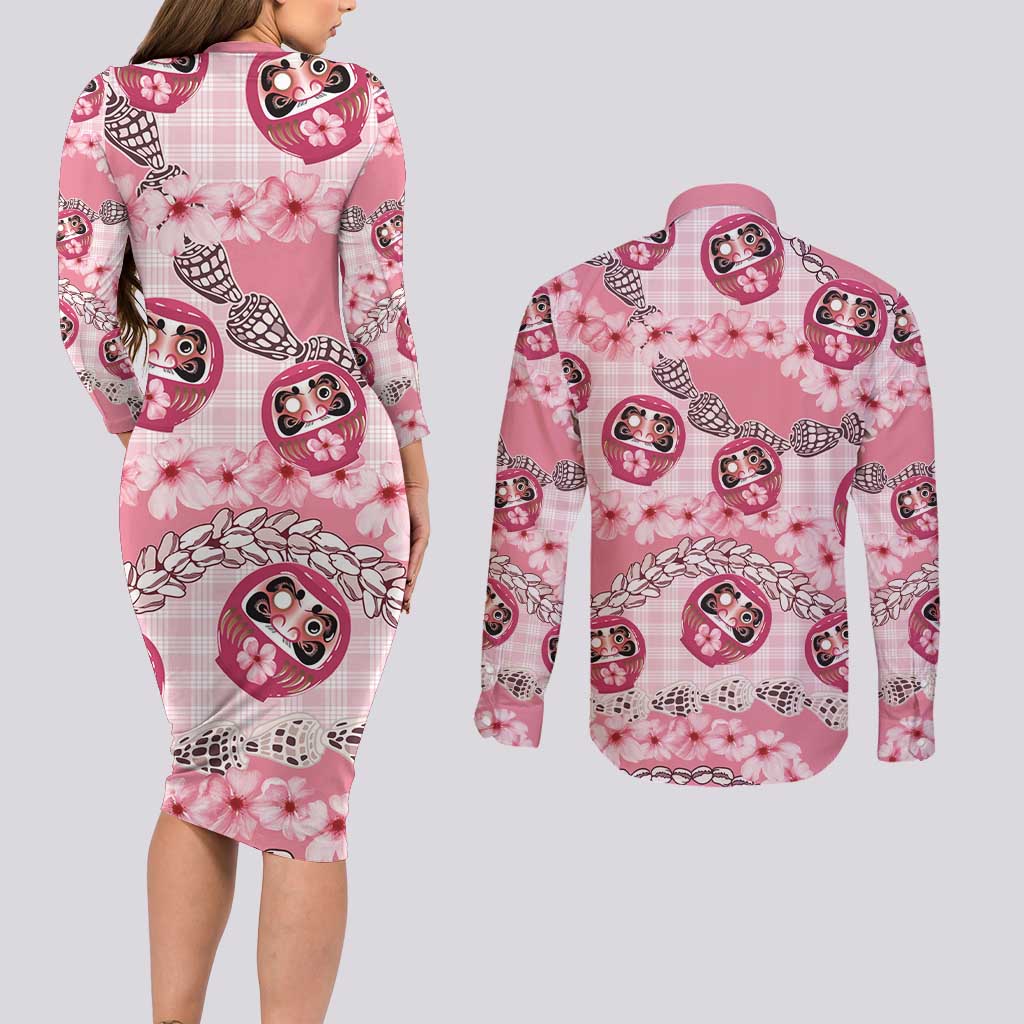 Japanese Daruma Doll Palaka Couples Matching Long Sleeve Bodycon Dress and Long Sleeve Button Shirt Cherry Blossoms With Shell Lei - Polynesian Pride
