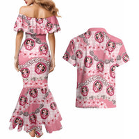 Japanese Daruma Doll Palaka Couples Matching Mermaid Dress and Hawaiian Shirt Cherry Blossoms With Shell Lei - Polynesian Pride
