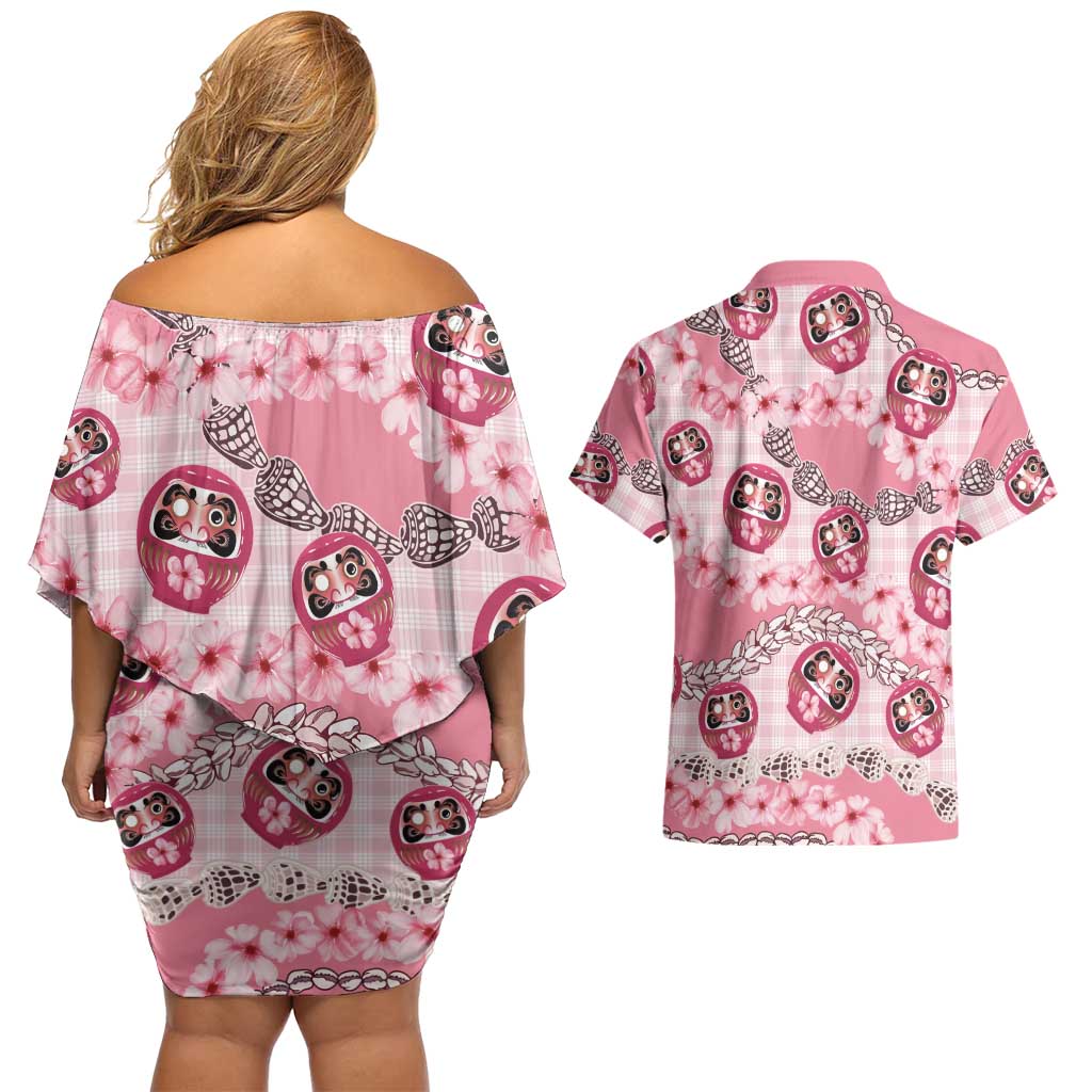 Japanese Daruma Doll Palaka Couples Matching Off Shoulder Short Dress and Hawaiian Shirt Cherry Blossoms With Shell Lei - Polynesian Pride