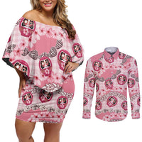 Japanese Daruma Doll Palaka Couples Matching Off Shoulder Short Dress and Long Sleeve Button Shirt Cherry Blossoms With Shell Lei - Polynesian Pride