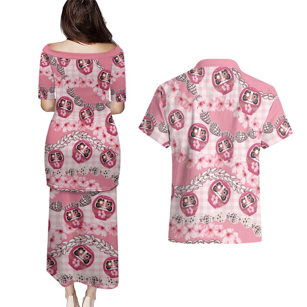 Japanese Daruma Doll Palaka Couples Matching Puletasi and Hawaiian Shirt Cherry Blossoms With Shell Lei - Polynesian Pride