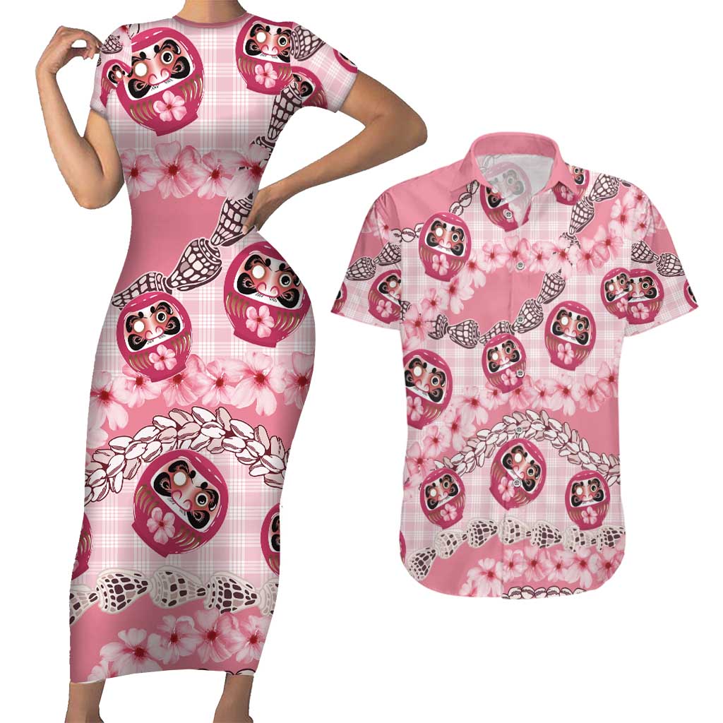 Japanese Daruma Doll Palaka Couples Matching Short Sleeve Bodycon Dress and Hawaiian Shirt Cherry Blossoms With Shell Lei - Polynesian Pride