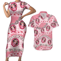 Japanese Daruma Doll Palaka Couples Matching Short Sleeve Bodycon Dress and Hawaiian Shirt Cherry Blossoms With Shell Lei - Polynesian Pride