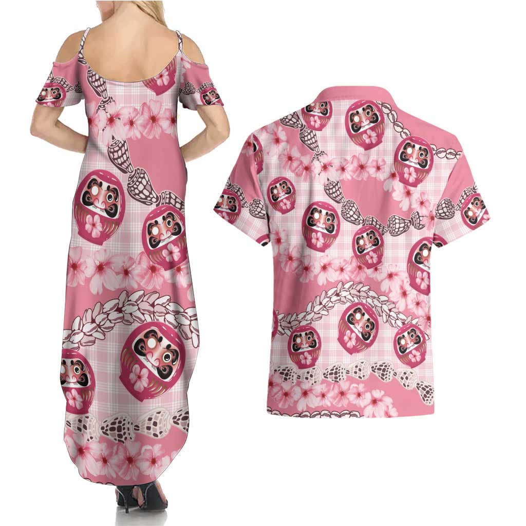 Japanese Daruma Doll Palaka Couples Matching Summer Maxi Dress and Hawaiian Shirt Cherry Blossoms With Shell Lei - Polynesian Pride