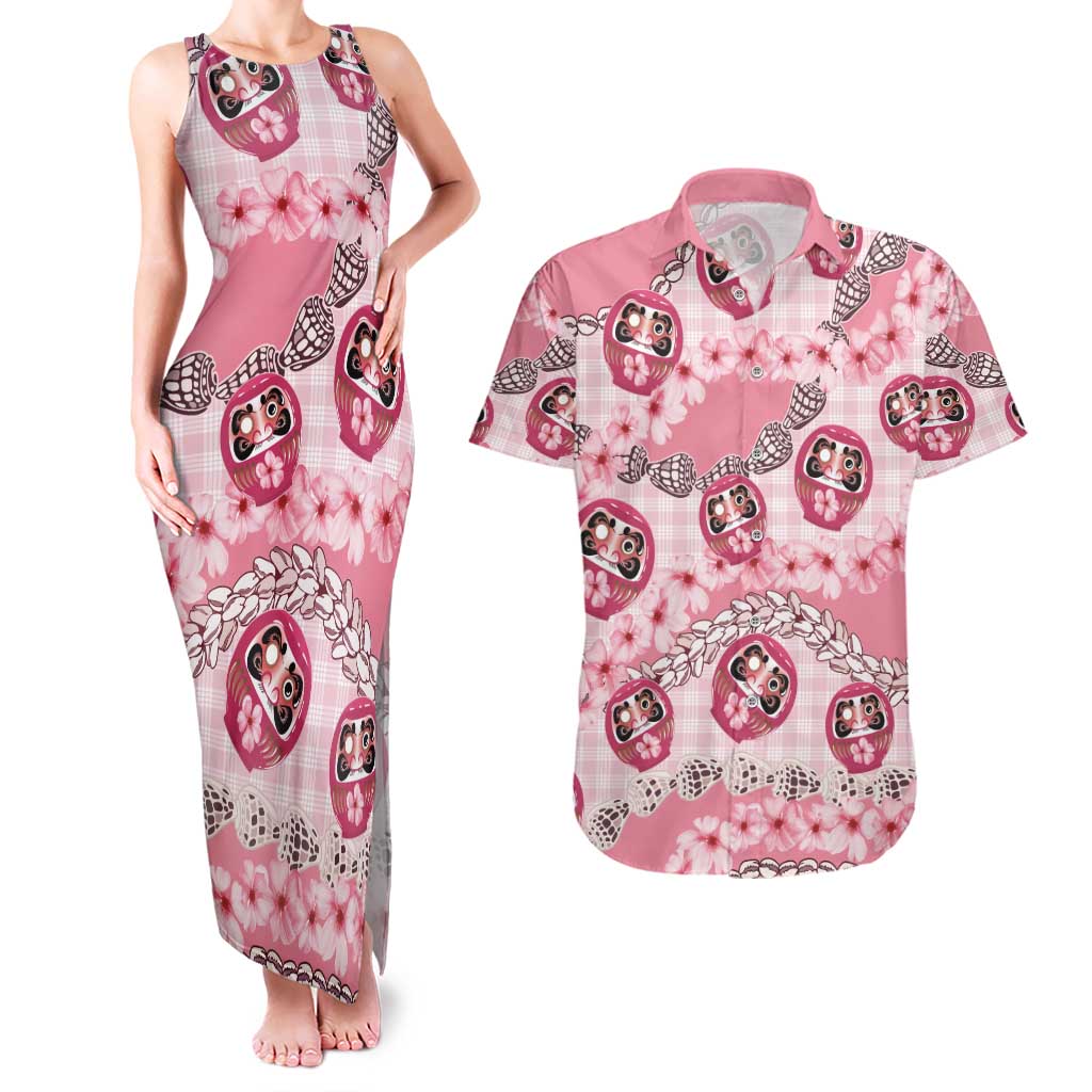 Japanese Daruma Doll Palaka Couples Matching Tank Maxi Dress and Hawaiian Shirt Cherry Blossoms With Shell Lei - Polynesian Pride