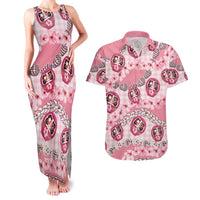 Japanese Daruma Doll Palaka Couples Matching Tank Maxi Dress and Hawaiian Shirt Cherry Blossoms With Shell Lei - Polynesian Pride