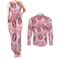 Japanese Daruma Doll Palaka Couples Matching Tank Maxi Dress and Long Sleeve Button Shirt Cherry Blossoms With Shell Lei - Polynesian Pride