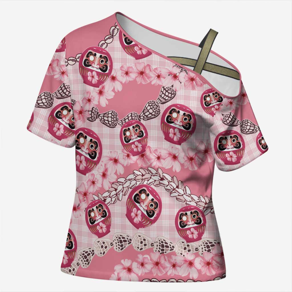 Japanese Daruma Doll Palaka Cross Shoulder Shirt Cherry Blossoms With Shell Lei - Polynesian Pride