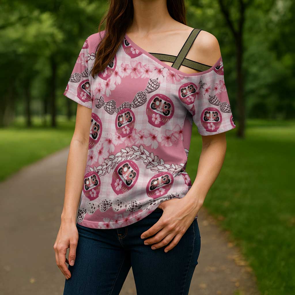 Japanese Daruma Doll Palaka Cross Shoulder Shirt Cherry Blossoms With Shell Lei - Polynesian Pride