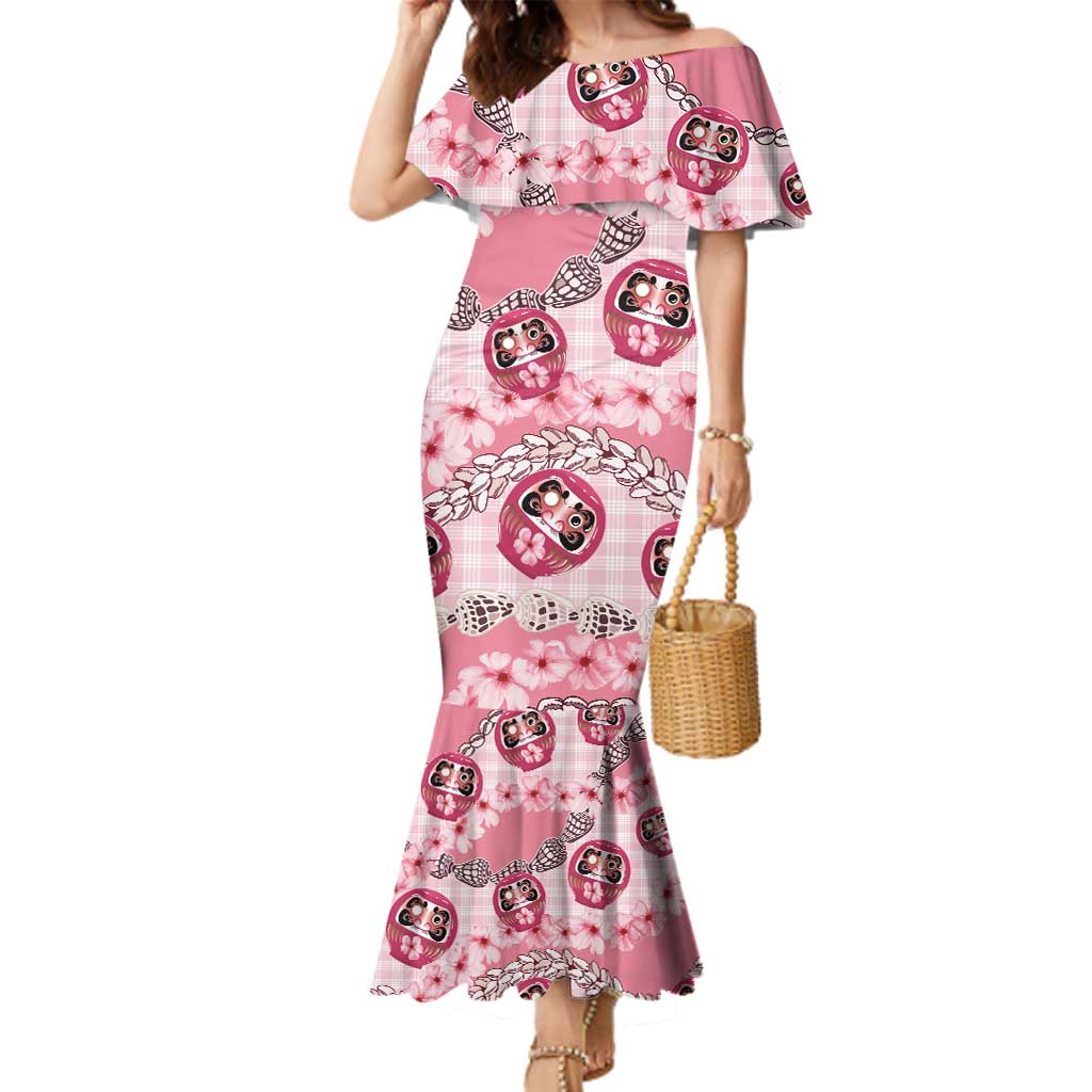 Japanese Daruma Doll Palaka Family Matching Mermaid Dress and Hawaiian Shirt Cherry Blossoms With Shell Lei LT14 Mom's Dress Pink - Polynesian Pride