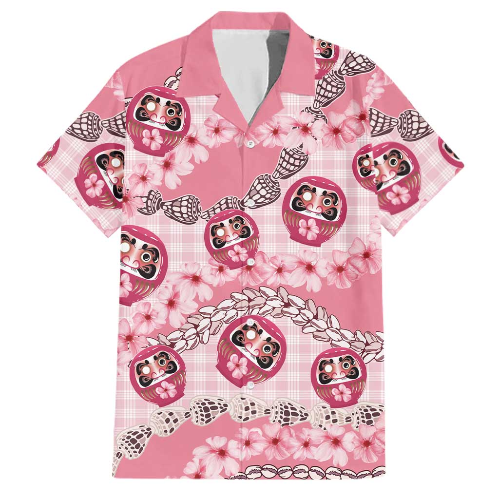 Japanese Daruma Doll Palaka Family Matching Off The Shoulder Long Sleeve Dress and Hawaiian Shirt Cherry Blossoms With Shell Lei LT14 Dad's Shirt - Short Sleeve Pink - Polynesian Pride