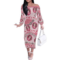 Japanese Daruma Doll Palaka Family Matching Off The Shoulder Long Sleeve Dress and Hawaiian Shirt Cherry Blossoms With Shell Lei LT14 Mom's Dress Pink - Polynesian Pride