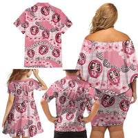 Japanese Daruma Doll Palaka Family Matching Off Shoulder Short Dress and Hawaiian Shirt Cherry Blossoms With Shell Lei - Polynesian Pride