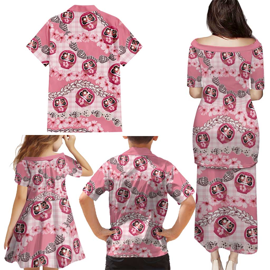 Japanese Daruma Doll Palaka Family Matching Puletasi and Hawaiian Shirt Cherry Blossoms With Shell Lei - Polynesian Pride