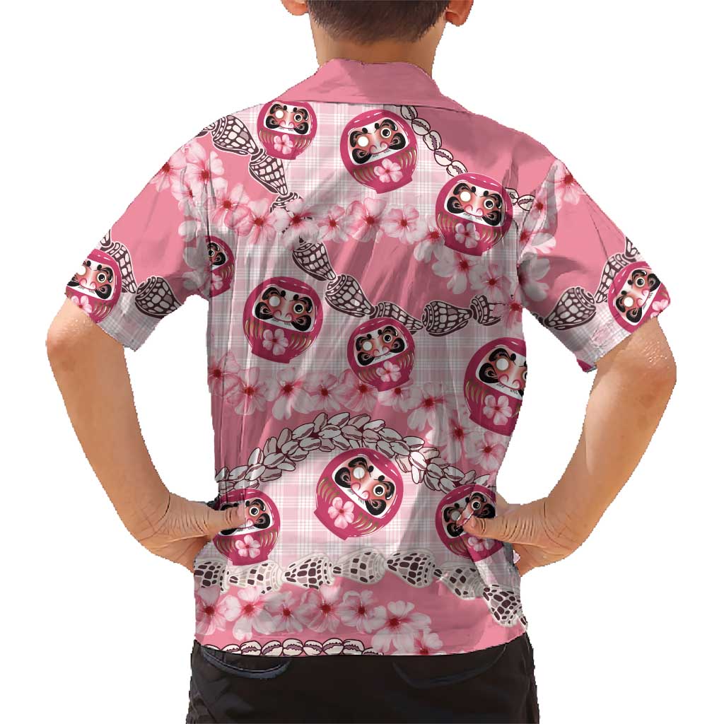 Japanese Daruma Doll Palaka Family Matching Short Sleeve Bodycon Dress and Hawaiian Shirt Cherry Blossoms With Shell Lei LT14 - Polynesian Pride
