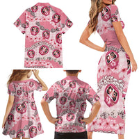 Japanese Daruma Doll Palaka Family Matching Short Sleeve Bodycon Dress and Hawaiian Shirt Cherry Blossoms With Shell Lei LT14 - Polynesian Pride