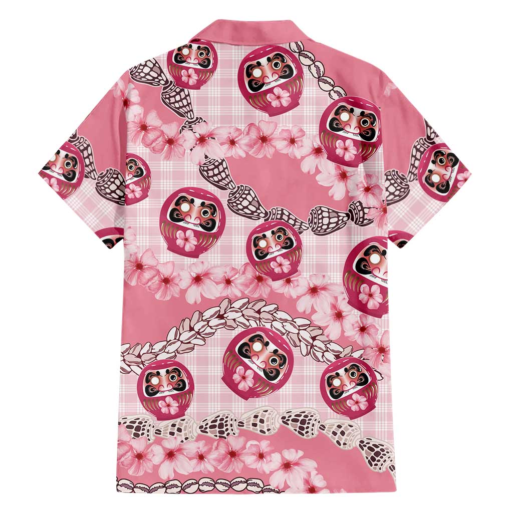 Japanese Daruma Doll Palaka Family Matching Short Sleeve Bodycon Dress and Hawaiian Shirt Cherry Blossoms With Shell Lei LT14 - Polynesian Pride