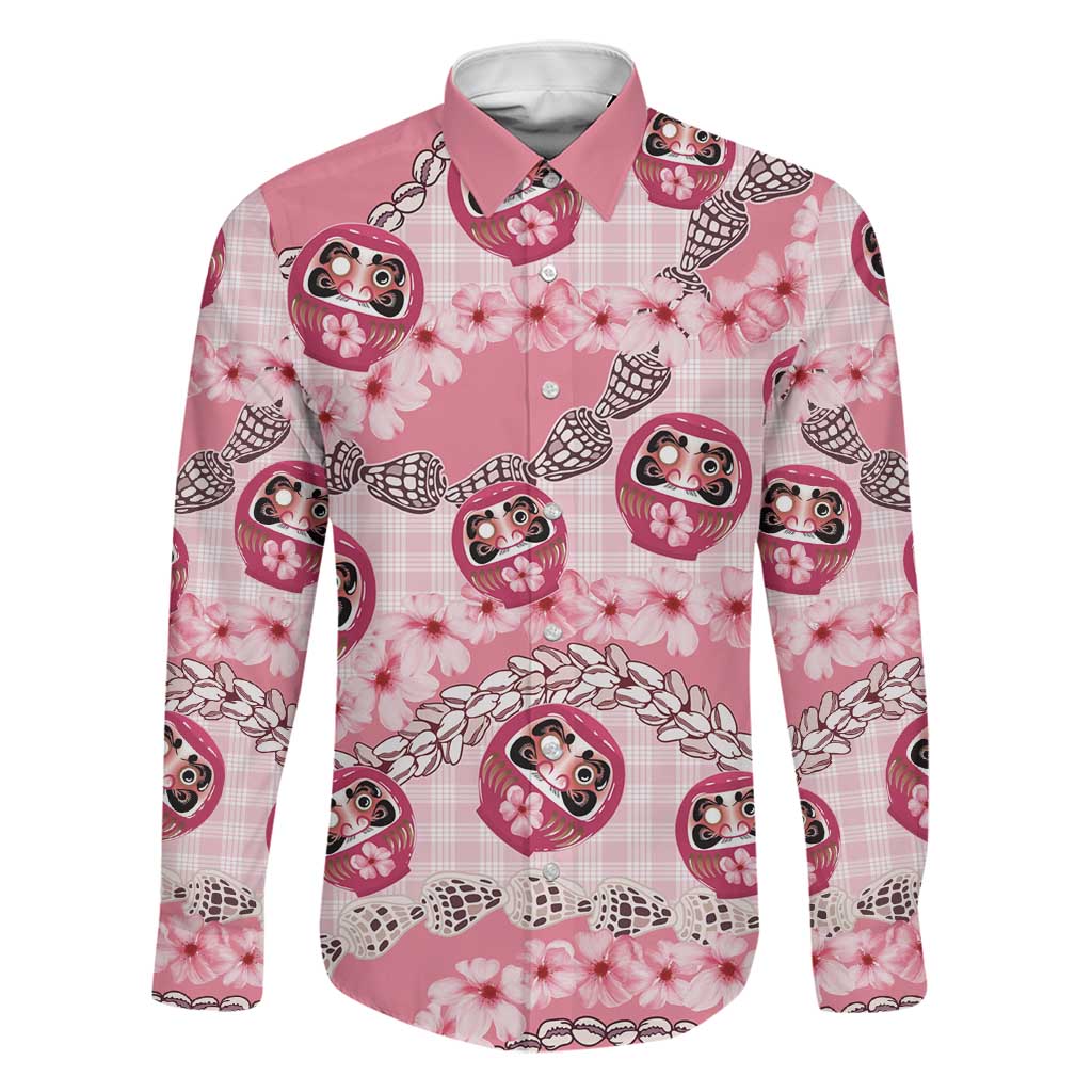 Japanese Daruma Doll Palaka Family Matching Short Sleeve Bodycon Dress and Hawaiian Shirt Cherry Blossoms With Shell Lei LT14 Dad's Shirt - Long Sleeve Pink - Polynesian Pride