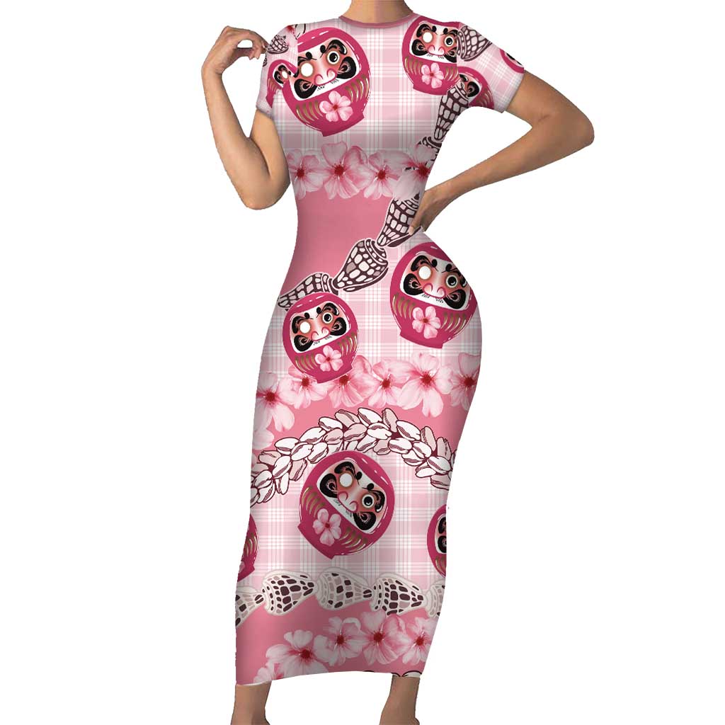 Japanese Daruma Doll Palaka Family Matching Short Sleeve Bodycon Dress and Hawaiian Shirt Cherry Blossoms With Shell Lei LT14 Mom's Dress Pink - Polynesian Pride