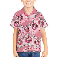 Japanese Daruma Doll Palaka Family Matching Short Sleeve Bodycon Dress and Hawaiian Shirt Cherry Blossoms With Shell Lei LT14 Son's Shirt Pink - Polynesian Pride