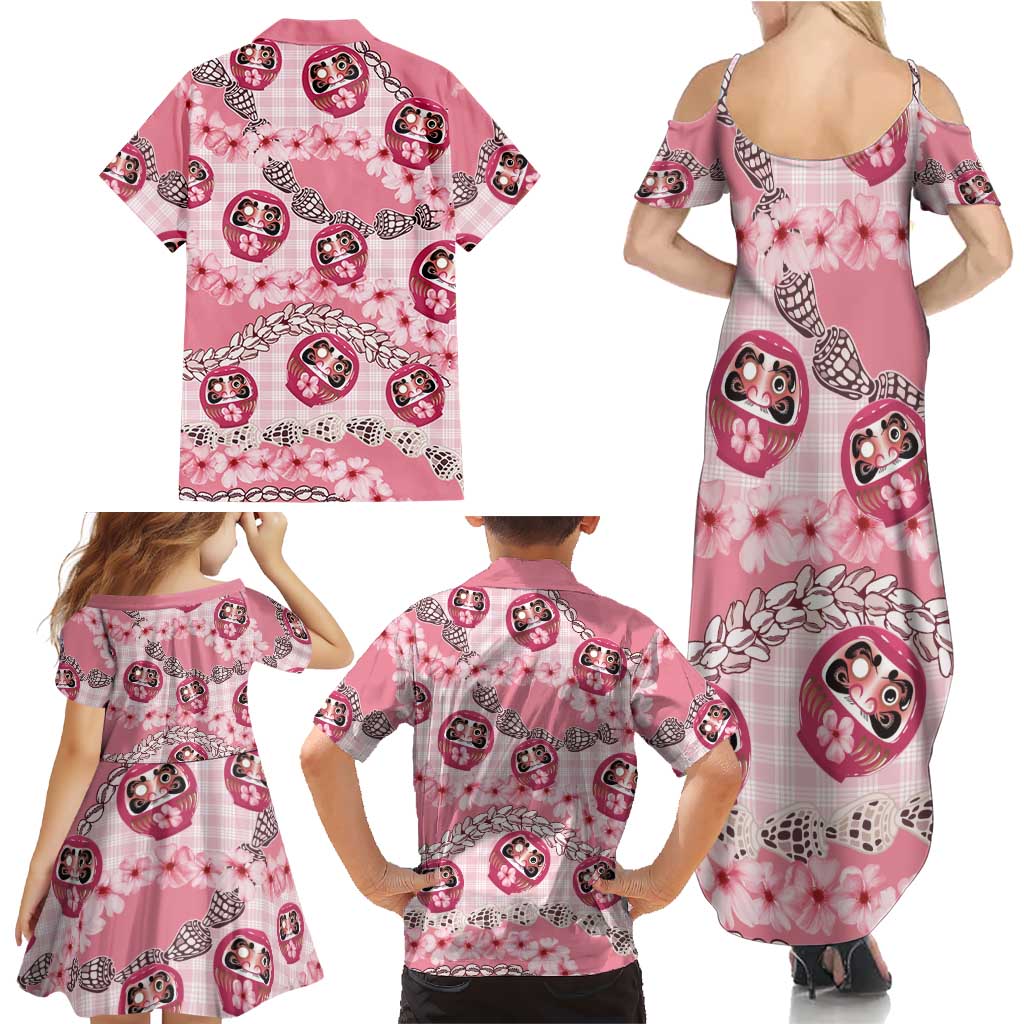 Japanese Daruma Doll Palaka Family Matching Summer Maxi Dress and Hawaiian Shirt Cherry Blossoms With Shell Lei - Polynesian Pride