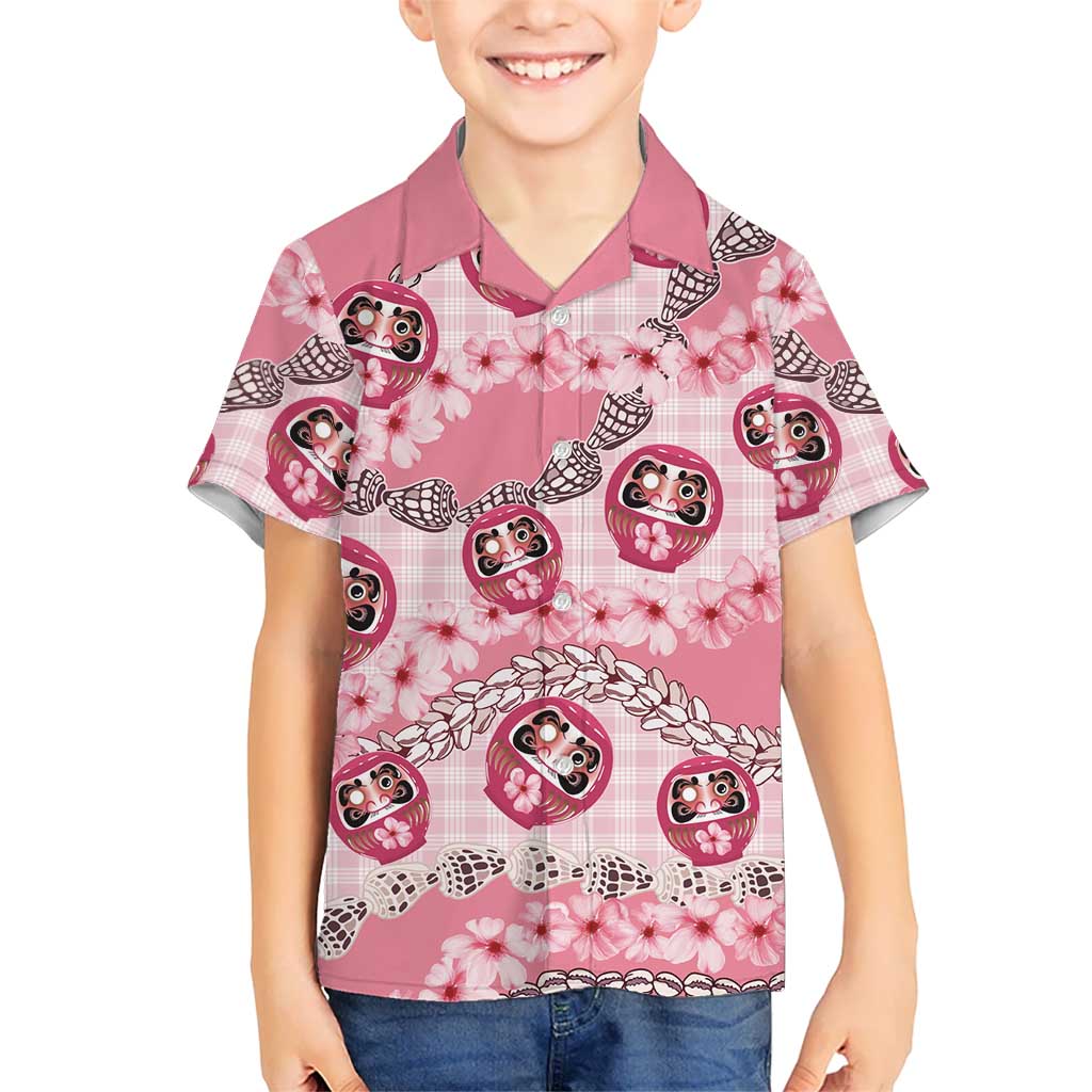 Japanese Daruma Doll Palaka Kid Hawaiian Shirt Cherry Blossoms With Shell Lei - Polynesian Pride